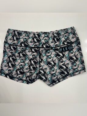 Fleo Black Geo Floral Athletic Shorts with Mint & Pink Accents